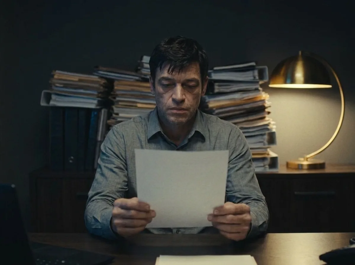 Уставший собственник разглядывает одинокий листок на фоне горы папок и бумаг за спиной